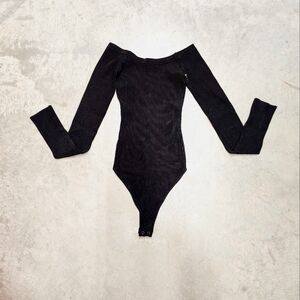 Good American Black Ribbed Off the Shoulder Thong Bodysuit Size 1